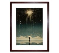 Artery8 Wall Art Print Falling Star Rain Dreamy Artwork Bright Star Wish Woman with Umbrella Fairytale Dreamscape Artwork Framed 9X7 Inch Artery8 Brown W7" x H9"