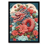 Wall Art Print Fantasy Dragon Fierce Peony Flower 2024 China Year Of The Dragon Art Framed Artery8 Red A4