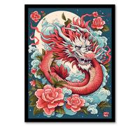 Artery8 Wall Art Print Fantasy Dragon Floral Red Blue Roses 2024 China Year Of The Dragon Art Framed | Size: A4 Artery8 Red A4