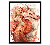 Artery8 Fantasy Dragon Serpent Floral Pink Orange 2024 Chinese Year Of The Dragon Artwork Framed Wall Art Print A4