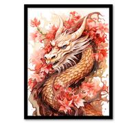 Wall Art Print Fantasy Dragon Serpent Horned Floral Pink Orange 2024 China Year Of The Dragon Art Framed Artery8 Red A4
