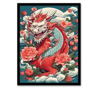Wall Art Print Fantasy Horned Dragon Flowers Clouds Scales 2024 China Year Of The Dragon Art Framed Artery8 Red A4