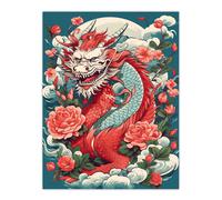 Artery8 Wall Art Print Fantasy Horned Dragon Flowers Clouds Scales 2024 China Year Of The Dragon Poster in Red | Size: W18" x H24" Artery8 Red W18" x H24"