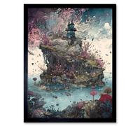 Artery8 Wall Art Print Fantasy World Coastal Island Landscape Nymph House Magical Marine Life Flying Fish Seaweed Cloud Art Framed Artery8 Black W12" x H16"
