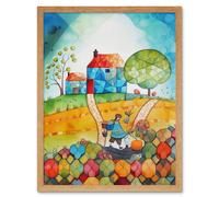 Artery8 Wall Art Print Farmer Heading Home Folk Art Watercolour Painting Art Framed in Light Oak | Size: W12" x H16" Artery8 Light Oak W12" x H16"