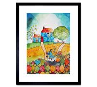 Artery8 Wall Art Print Farmer Heading Home Folk Art Watercolour Painting Artwork Framed 9X7 Inch in Black | Size: W7" x H9" Artery8 Black W7" x H9"