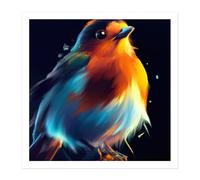 Artery8 Wall Art Print Fat Robin Bird Vibrant Acrylic Orange Blue on Black Painting Square Framed Picture 16X16 Inch in White | Size: W16" x H16" Artery8 White W16" x H16"