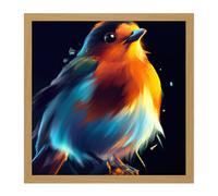 Artery8 Wall Art Print Fat Robin Bird Vibrant Acrylic Orange Blue on Black Painting Square Framed Picture 16X16 Inch in Light Oak | Size: W16" x H16" Artery8 Light Oak W16" x H16"