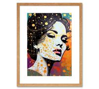Artery8 Wall Art Print Female Retro Glam Glitter Aesthetic Portrait with Polka Dot & Mosaic Pattern Teen Room Artwork Framed 9X7 Inch Artery8 Beige W7" x H9"