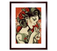 Artery8 Wall Art Print Femme Fatale Roses Pin Up Rockabilly Americana 50s Artwork Framed 9X7 Inch in Brown | Size: W7" x H9" Artery8 Brown W7" x H9"