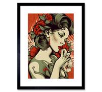 Artery8 Wall Art Print Femme Fatale Roses Pin Up Rockabilly Americana 50s Artwork Framed 9X7 Inch in Black | Size: W7" x H9" Artery8 Black W7" x H9"