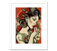 Artery8 Wall Art Print Femme Fatale Roses Pin Up Rockabilly Americana 50s Artwork Framed 9X7 Inch in White | Size: W7" x H9" Artery8 White W7" x H9"