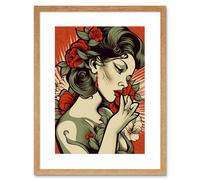 Artery8 Wall Art Print Femme Fatale Roses Pin Up Rockabilly Americana 50s Artwork Framed 9X7 Inch in Beige | Size: W7" x H9" Artery8 Beige W7" x H9"