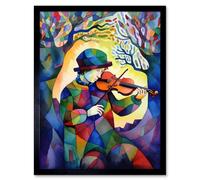 Artery8 Wall Art Print Fiddle Player In Forest Folk Art Watercolour Painting Art Framed in Black | Size: W12" x H16" Artery8 Black W12" x H16"