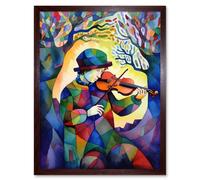 Artery8 Wall Art Print Fiddle Player In Forest Folk Art Watercolour Painting Art Framed in Brown | Size: W12" x H16" Artery8 Brown W12" x H16"