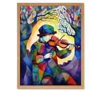 Artery8 Wall Art Print Fiddle Player In Forest Folk Art Watercolour Painting Art Framed in Light Oak | Size: W12" x H16" Artery8 Light Oak W12" x H16"