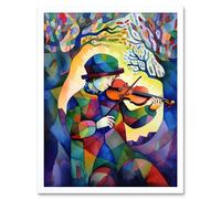 Artery8 Wall Art Print Fiddle Player In Forest Folk Art Watercolour Painting Art Framed in White | Size: W12" x H16" Artery8 White W12" x H16"