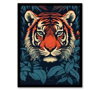 Artery8 Wall Art Print Fierce Bengal Tiger Emerging from Bushes Wildlife Painting Blue Orange Botanical Portrait Artwork Framed | Size: A4 Artery8 Orange A4