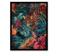 Artery8 Wall Art Print Fierce Leopard Exotic Floral Jungle Plants Art Framed Poster in Black | Size: W12" x H16" Artery8 Black W12" x H16"