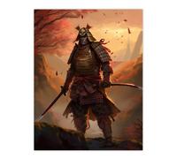 Artery8 Wall Art Print Fierce Samurai Warrior Concept Painting Warrior in O-yoroi Armour Prepared for Battle at Sunrise in Autumn Forest Landscape Artery8 Orange W12" x H16"