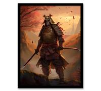 Artery8 Wall Art Print Fierce Samurai Warrior Concept Painting Warrior in O-yoroi Armour Prepared for Battle at Sunrise in Autumn Forest Landscape Artery8 Orange W12" x H16"