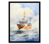 Artery8 Wall Art Print Fishing Boat at Sea Detailed Watercolour Seascape Framed in Blue | Size: A4 Artery8 Blue A4
