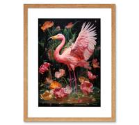 Artery8 Wall Art Print Flamboyant Flamingo Feathers Artwork Bird in the Rain Vibrant Pink Orange Green Artwork Framed 9X7 Inch | Size: W7" x H9" Artery8 Beige W7" x H9"