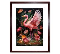 Artery8 Wall Art Print Flamboyant Flamingo Feathers Artwork Bird in the Rain Vibrant Pink Orange Green Artwork Framed 9X7 Inch | Size: W7" x H9" Artery8 Brown W7" x H9"