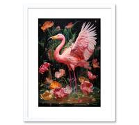 Artery8 Wall Art Print Flamboyant Flamingo Feathers Artwork Bird in the Rain Vibrant Pink Orange Green Artwork Framed 9X7 Inch | Size: W7" x H9" Artery8 White W7" x H9"