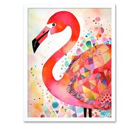 Artery8 Wall Art Print Flamingo Bird With Patterns Folk Art Watercolour Painting Art Framed in White | Size: W12" x H16" Artery8 White W12" x H16"