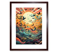 Artery8 Wall Art Print Flock of Birds Flying at Sunrise Modern Folk Artwork Framed 9X7 Inch in Brown | Size: W7" x H9" Artery8 Brown W7" x H9"