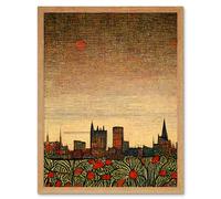 Artery8 Wall Art Print Floral City Skyline Poppies William Morris Art Framed in Light Oak | Size: W12" x H16" Artery8 Light Oak W12" x H16"