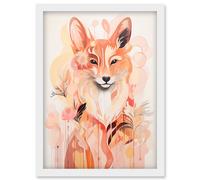 Wall Art Print Floral Fox Spirit Animal Boho Calm Pastel Colour Artwork Orange Pink Abstract Woodland Creature Flowers Artwork Framed A4 Artery8 White A4