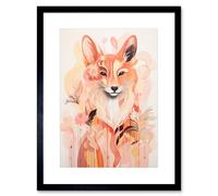 Artery8 Wall Art Print Floral Fox Spirit Animal Boho Calm Pastel Colour Artwork Orange Pink Abstract Woodland Creature Flowers Artwork Framed 9X7 Artery8 Black W7" x H9"