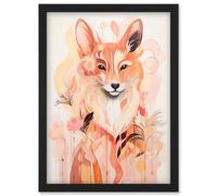 Artery8 Floral Fox Spirit Animal Boho Calm Pastel Colour Artwork Orange Pink Abstract Woodland Creature Flowers Artwork Framed Wall Art Print A4