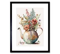 Artery8 Wall Art Print Flower Bouquet In A Floral Design Ceramic Teapot Artwork Framed 9X7 Inch