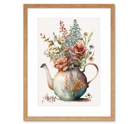 Artery8 Wall Art Print Flower Bouquet in a Floral Design Ceramic Teapot Artwork Framed 9X7 Inch in Beige | Size: W7" x H9" Artery8 Beige W7" x H9"