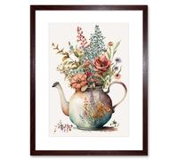 Artery8 Wall Art Print Flower Bouquet in a Floral Design Ceramic Teapot Artwork Framed 9X7 Inch in Brown | Size: W7" x H9" Artery8 Brown W7" x H9"