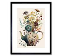 Artery8 Wall Art Print Flower Bouquet In A Floral Pattern Ceramic Teapot Artwork Framed 9X7 Inch