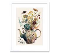 Artery8 Wall Art Print Flower Bouquet in a Floral Pattern Ceramic Teapot Artwork Framed 9X7 Inch in White | Size: W7" x H9" Artery8 White W7" x H9"