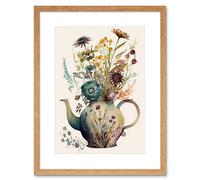 Artery8 Wall Art Print Flower Bouquet in a Floral Pattern Ceramic Teapot Artwork Framed 9X7 Inch in Beige | Size: W7" x H9" Artery8 Beige W7" x H9"