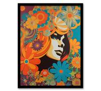 Artery8 Flower Portrait Retro Orange And Blue Abstract Portrait Vibrant Bold Bright Colourful Painting Artwork Framed Wall Art Print A4