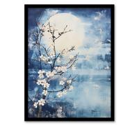 Artery8 Wall Art Print Flowering Almond Tree Misty Morning Sun Landscape Framed in Blue | Size: A4 Artery8 Blue A4