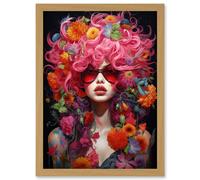 Wall Art Print Flowerpunk Woman with Pink Hair and Flowers Vibrant Artwork Orange Pink Blue on Black High Detail Portrait Artwork Framed A4 Artery8 Light Oak A4
