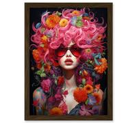 Wall Art Print Flowerpunk Woman with Pink Hair and Flowers Vibrant Artwork Orange Pink Blue on Black High Detail Portrait Artwork Framed A4 Artery8 Brown A4