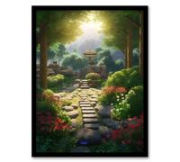 Artery8 Wall Art Print Flowers Blooming in Serene Japan Zen Garden Acrylic Painting Steps Path Leading to Stone Lantern Bathed in Sunlight Art Framed Artery8 Green W12" x H16"