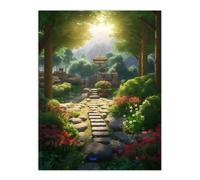 Artery8 Wall Art Print Flowers Blooming in Serene Japan Zen Garden Acrylic Painting Steps Path Leading to Stone Lantern Bathed in Sunlight Poster Artery8 Green W24" x H32"