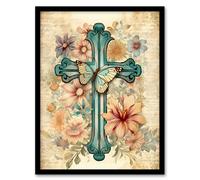 Artery8 Wall Art Print Flowery Cross Upcycle Watercolour Painting Pastel Colour Flower Blooms & Butterfly Artwork Framed in Beige | Size: W12" x H16" Artery8 Beige W12" x H16"