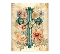 Artery8 Wall Art Print Flowery Cross Upcycle Watercolour Painting Pastel Colour Flower Blooms & Butterfly Poster in Beige | Size: W12" x H16" Artery8 Beige W12" x H16"