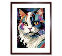 Artery8 Wall Art Print Fluffy Ragdoll Cat Portrait Colourful Purple Blue Black Modern Flt Style painting Artwork Framed 9X7 Inch | Size: W7" x H9" Artery8 Brown W7" x H9"